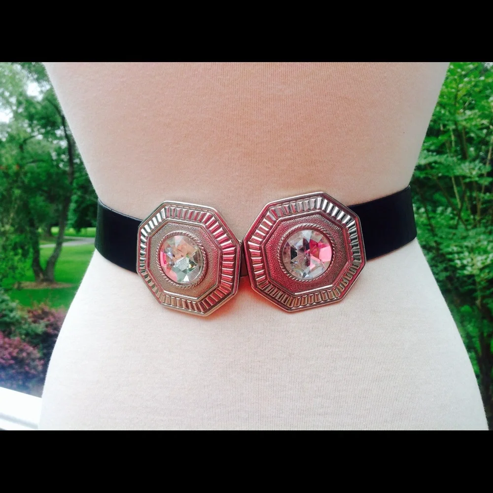 1990's Black Belt Leather Silver Crystal Buckle